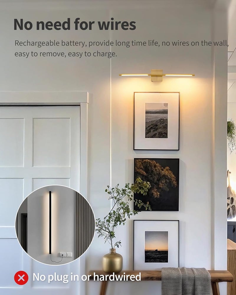 KDG Cordless Wall Sconces with Remote Control, Wireless 5200mAh Rechargeable Battery Operated LED Wall Lamps, 360° Rotate Lightings for Wall Painting, Bedroom, Hallway, Night Light 23.6 inch (Gold) - Image 2